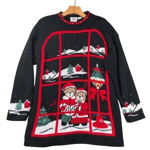 Vintage NutCracker Christmas Sweater Bears Caroling Window Scene Black Medium‎
